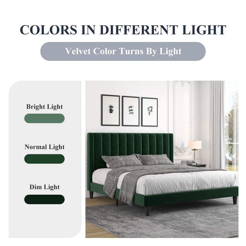 Queen Bed Frame/Velvet Upholstered Bed Frame with Vertical Channel Tufted Headboard