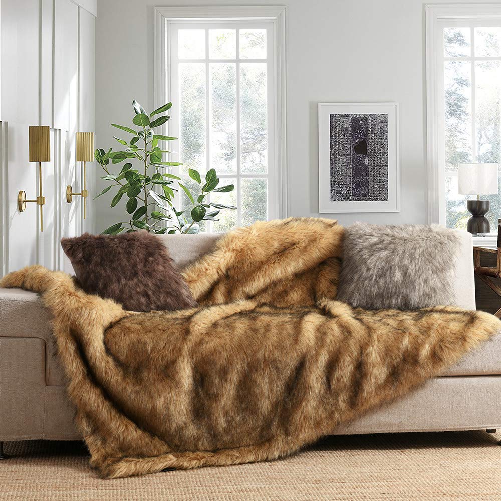 Luxury Plush Faux Fur Blanket King Size, Long Pile Golden Yellow with Black Tips Blanket