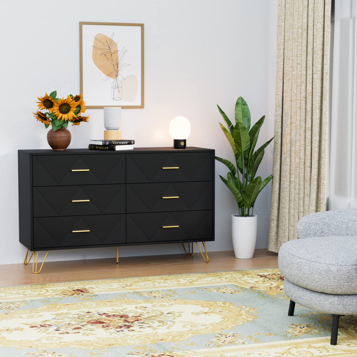 Black Dresser for Bedroom, Modern Dresser for Bedroom, 6 Drawer Double Dresser