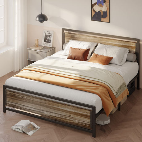 Metal Platform Bed with Wooden Headboard with Rivet