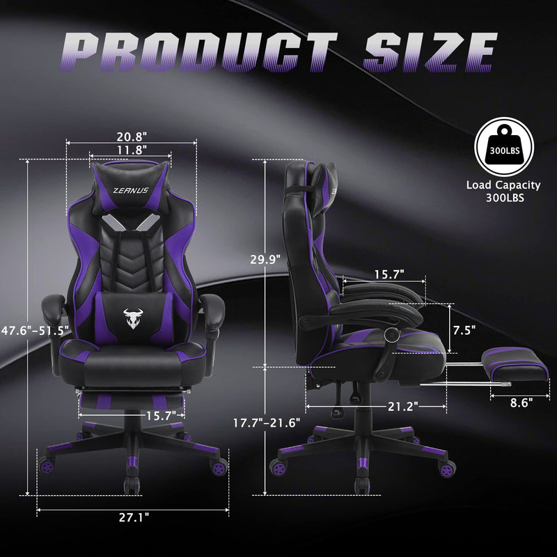 Purple Gaming Chair, Reclining Computer Chair with Footrest, High Back Gamer Chair with Massage, Large Computer Gaming Chair