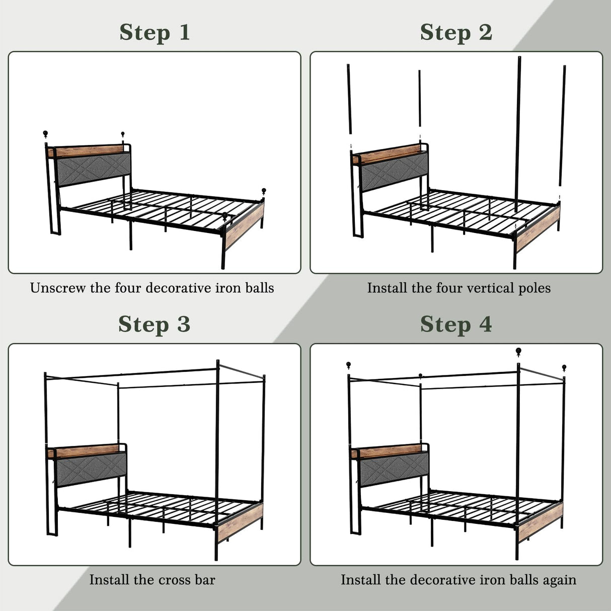 Canopy Bed Frames Full Size Metal Platform with Charging Station, Headboard and Footboard