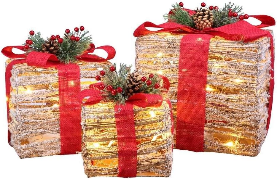 Christmas Set of 3 Pre-lit Gift Present Boxes w/ 60 LED Lights