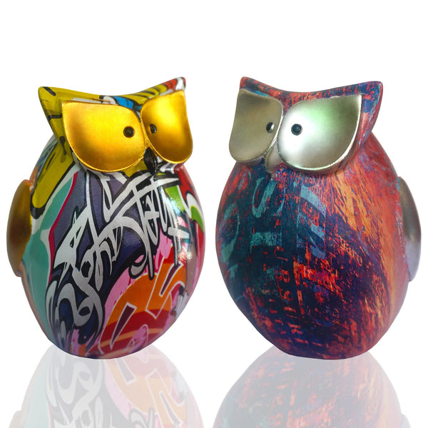 Owl Figurines Statues Set of 2, Graffiti and Oil Paint Owl Decor Collectible Figurines