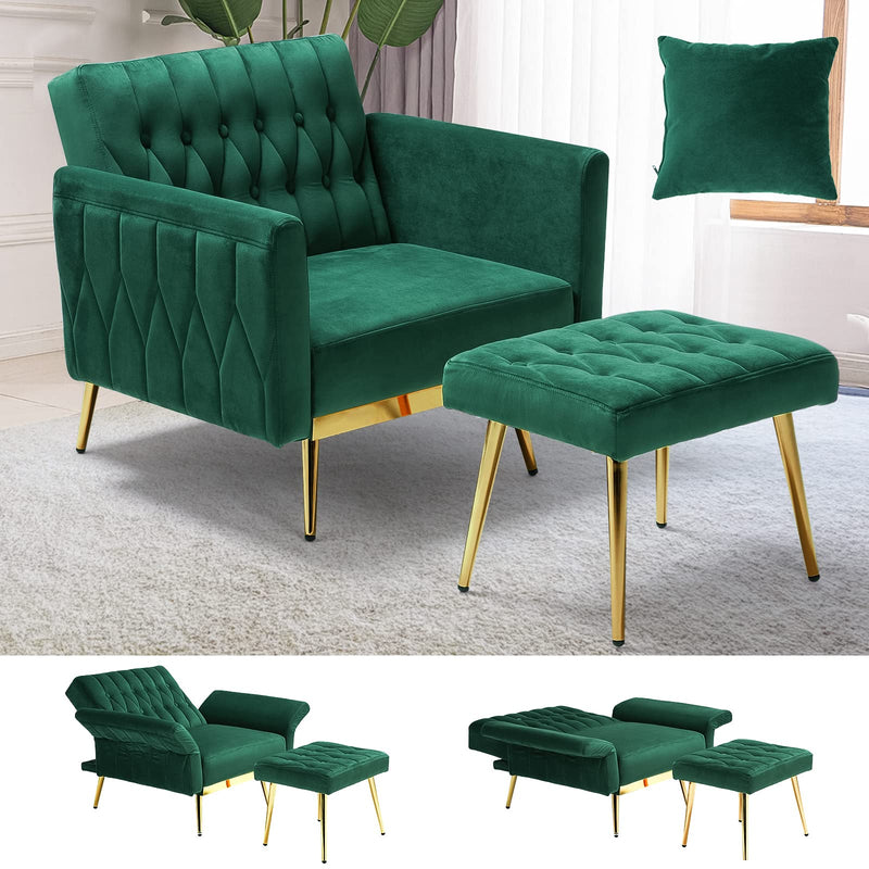 Velvet Accent Chair with Adjustable Armrests and Backrest, Button Tufted Lounge Chair, Single Recliner Armchair with Ottoman and Pillow