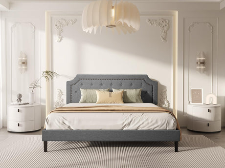 Queen Size Grey Color Bed Frame Upholstered Low Profile Traditional Platform