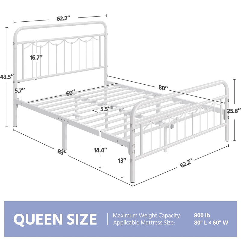 Queen Size Metal Bed Frame with Vintage Headboard and Footboard, Farmhouse  Bed