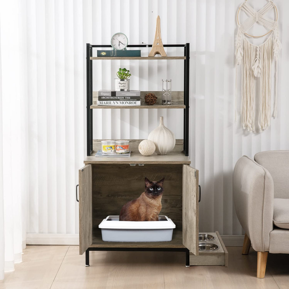 Litter Box Enclosure, Hidden Cat Litter Box Furniture with Elevated Cat Bowls