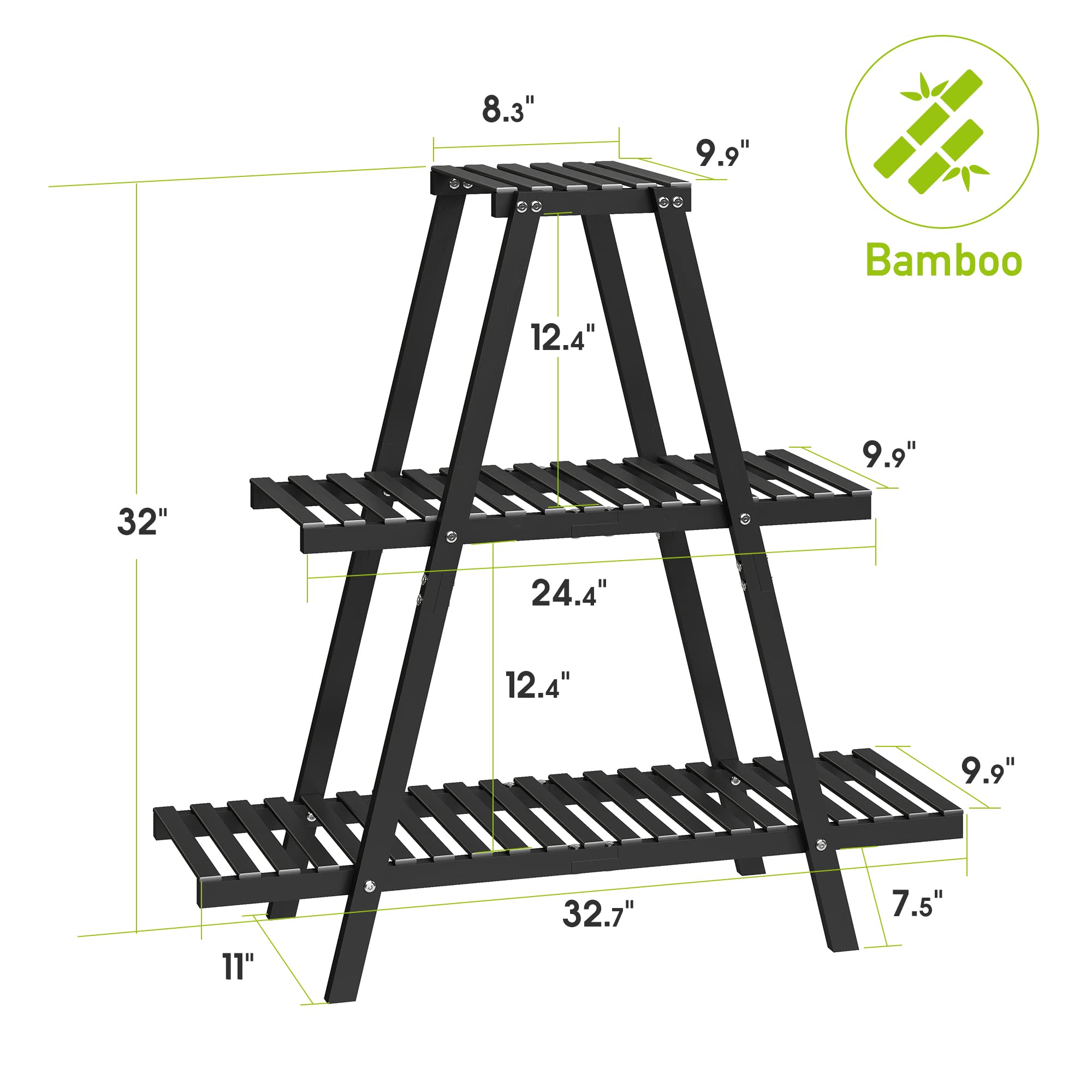 BMOSU 3-Tier Bamboo Plant Stand – Triangular Black Display Rack