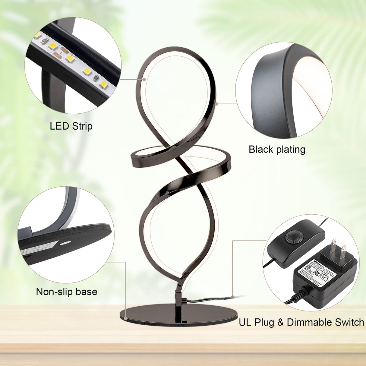 Modern Table Lamp, LED Spiral Lamp, Black Bedside Lamp with Stepless Dimming Switch