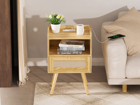 Nightstands Set of 2, Night Stands with Charging Station & PE Rattan Decor Drawer, Bed Side Tables with Solid Wood Feet