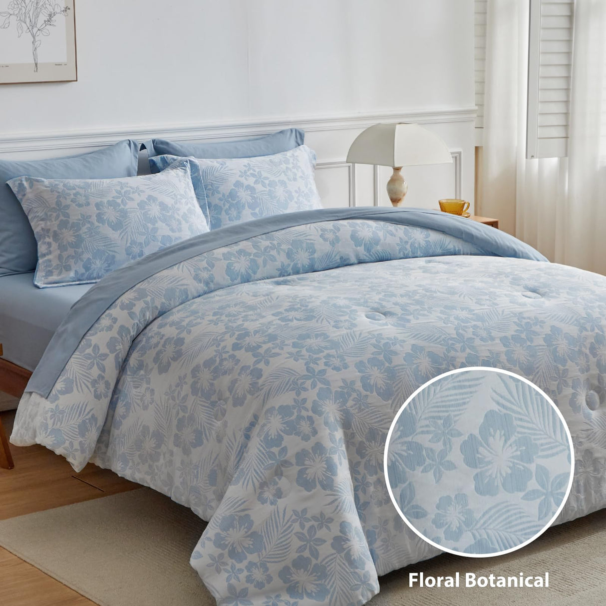 Queen Comforter Set, White Blue Floral Bedding Comforter Sets