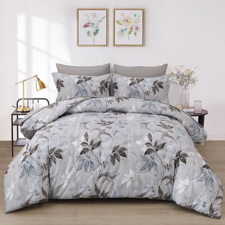 Botanical Comforter Set  in a Bag Grey Botanical Floral Comforter