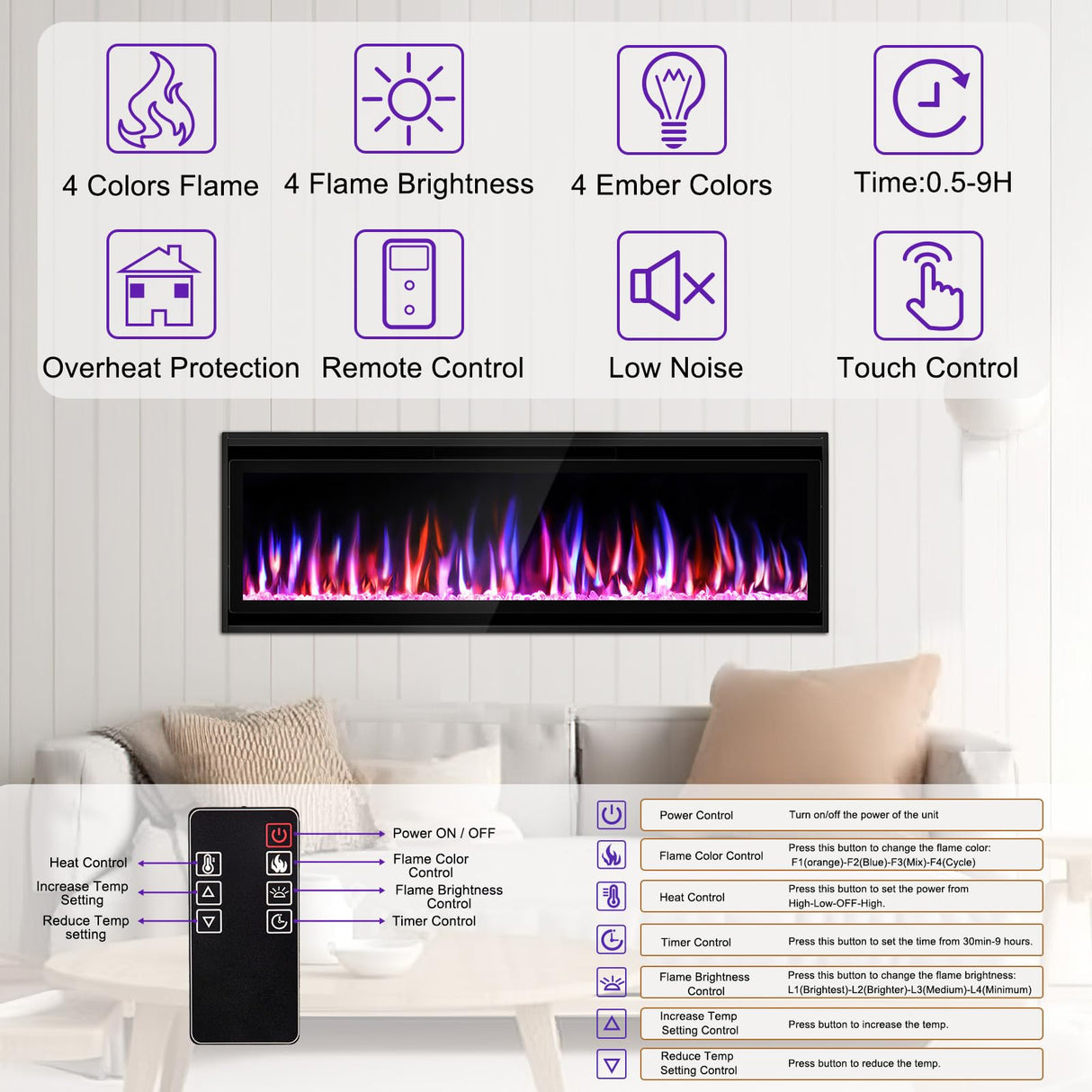 Wall Recessed and Wall Mounted Fireplace Heater