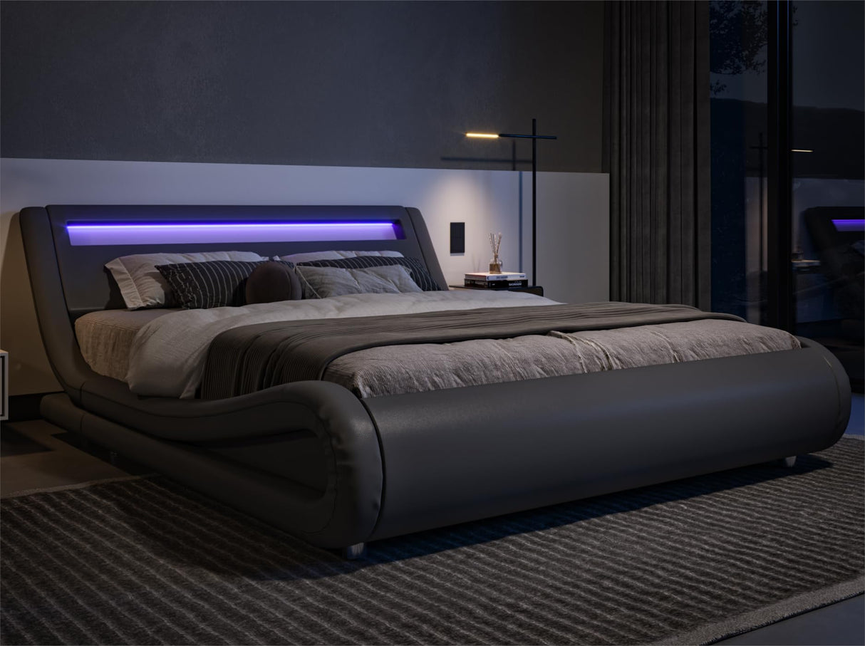 King Size LED Platform Bed Frame with Adjustable Headboard