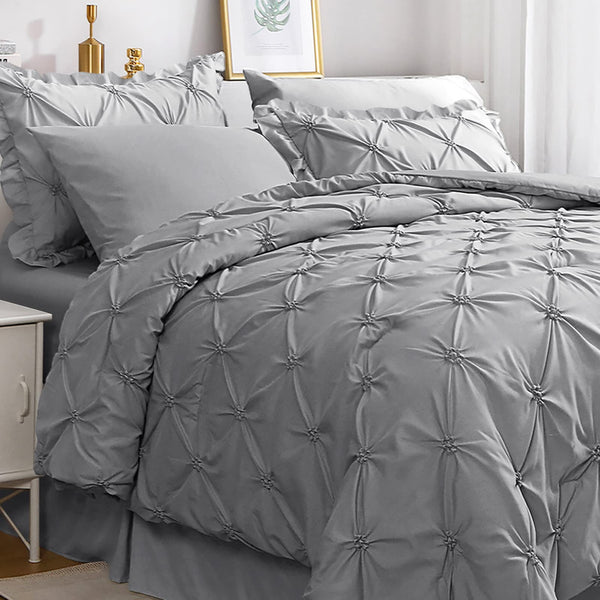 Queen Comforter Set 7 Pieces, Pintuck Gray Bed in a Bag Comforter Set for Bedroom