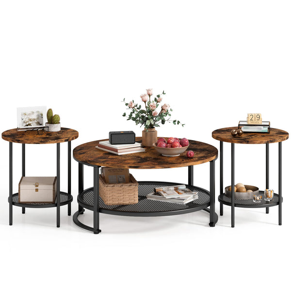 Round Coffee Table and End Table Set for Living Room, Industrial Coffee Table with Open Storage