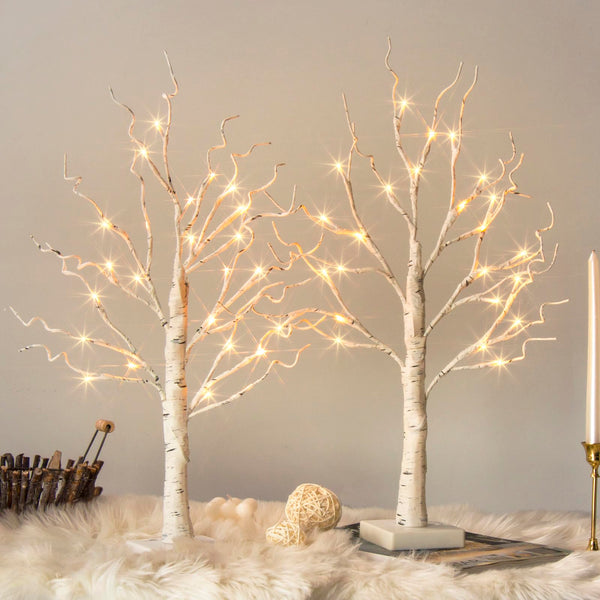 Tabletop Christmas Tree, White Birch Tree with LED Lights - Set of 2, Warm White Tree Lights