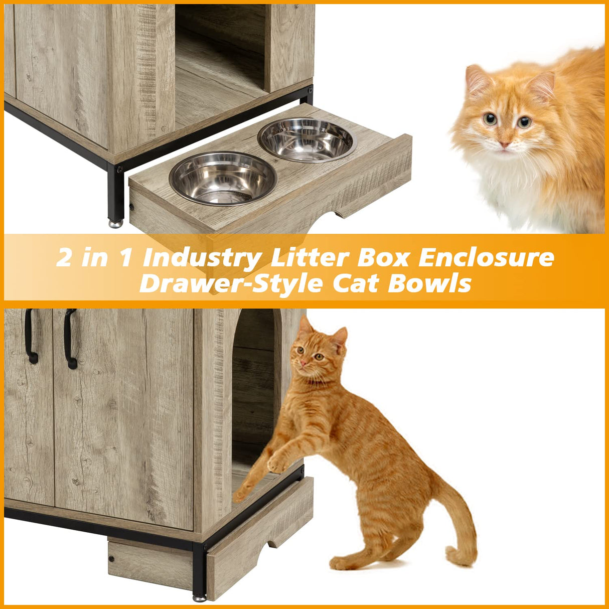 Litter Box Enclosure, Hidden Cat Litter Box Furniture with Elevated Cat Bowls