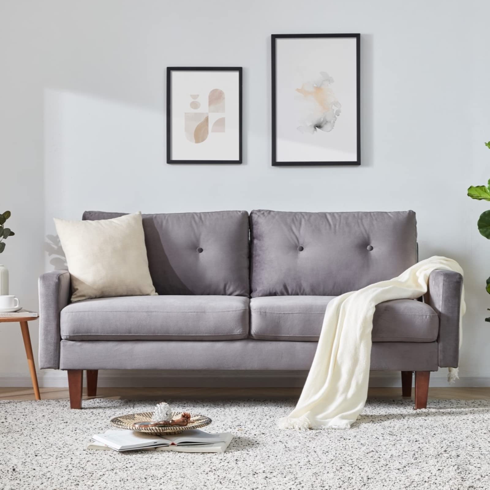 69" Modern Cream Love Seats Sofa Couch Furniture, Velvet Fabric Mid Century Couch