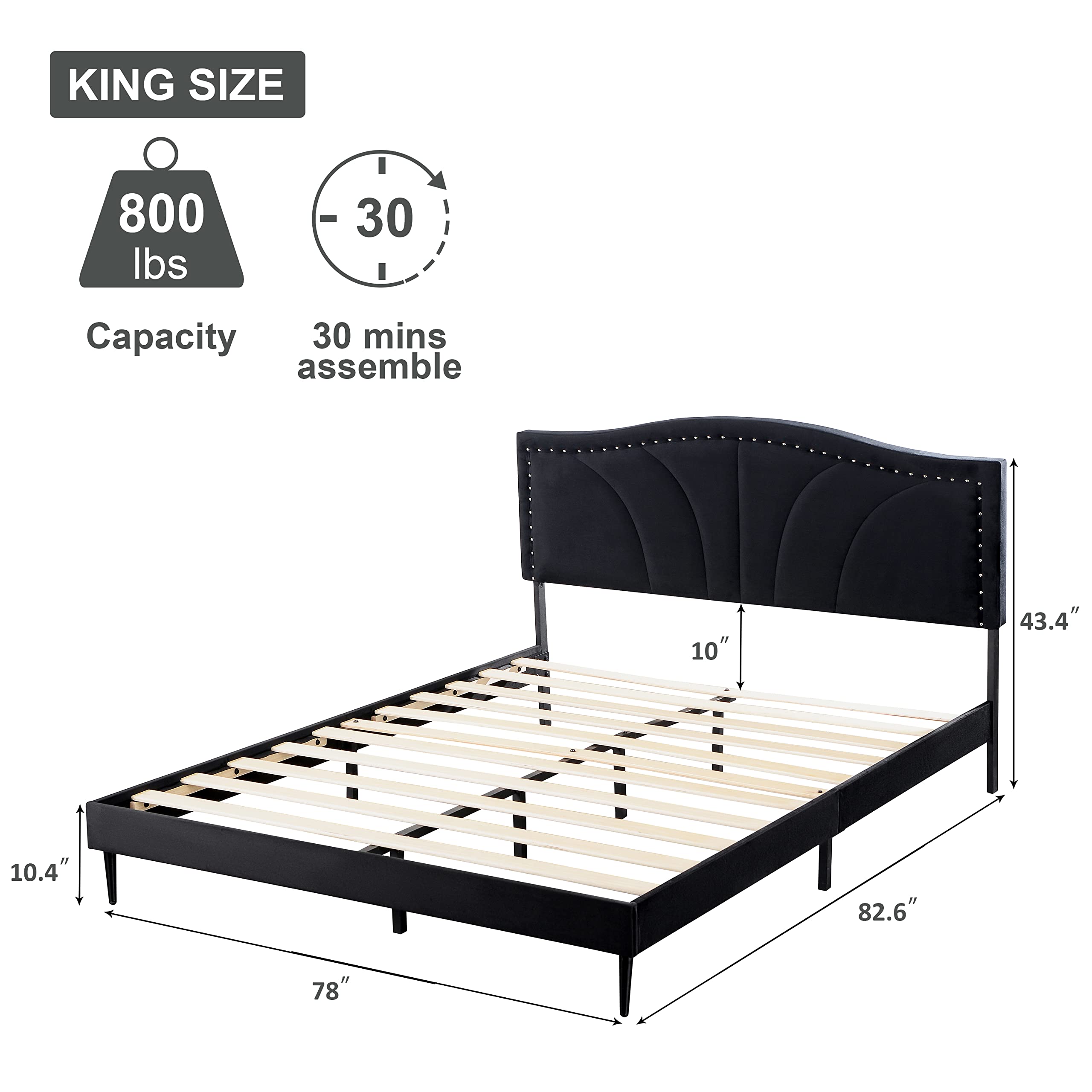 King Size Bed Frame Velvet Upholstered Platform Bed with Decorative Line & Nailhead