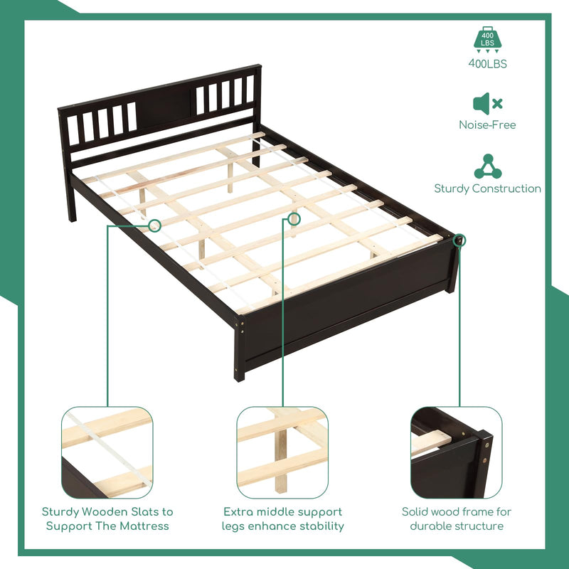 Queen Size Bed Frame, Wood Platform Bed Frame with Headboard, Solid Wood Foundation