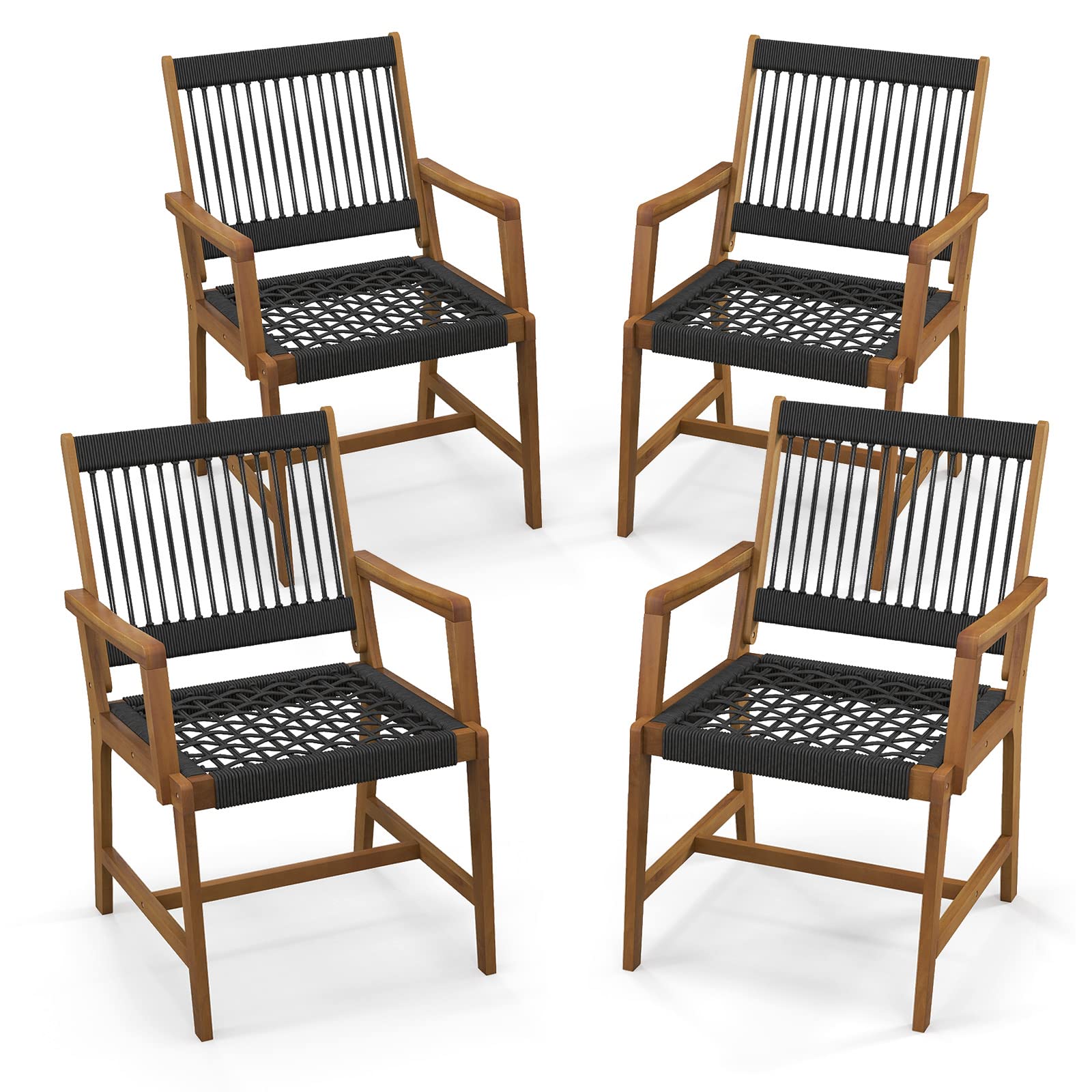 Outdoor Acacia Wood Dining Chairs Set of 4, All-Weather Rope Woven Patio Chairs