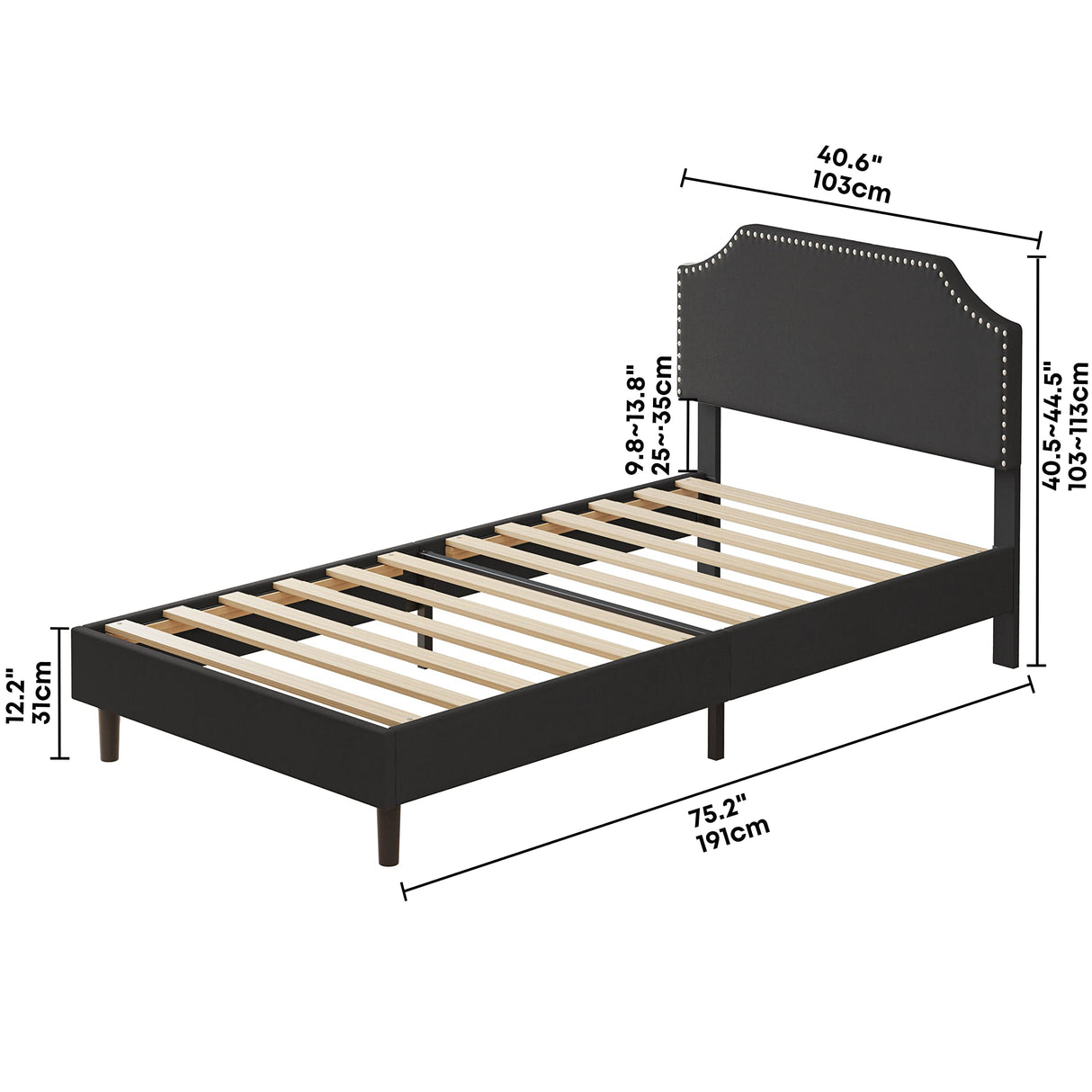 Upholstered Platform Twin Bed Frame with Nailhead Trim Headboard, Height Adjustable