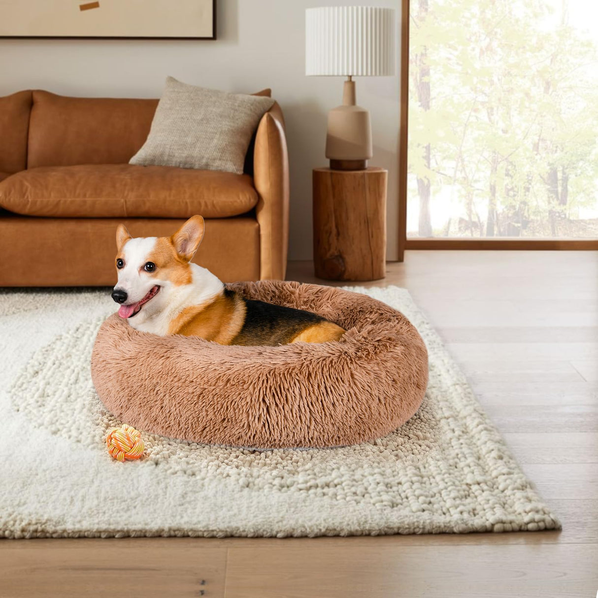 Calming Dog Bed - Anti Anxiety with Removable Cover  Fluffy Plush Faux