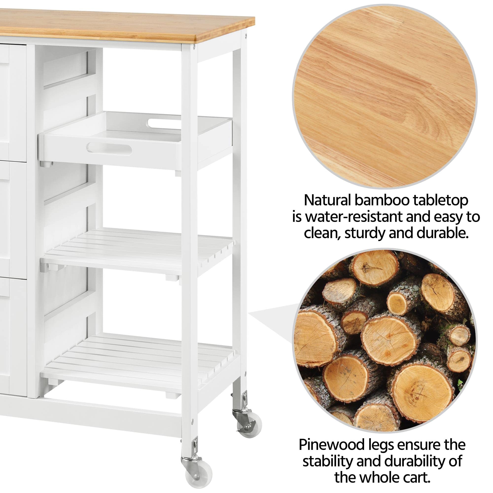 Kitchen Island Cart on Wheels with 3 Drawers and 3 Open Shelves