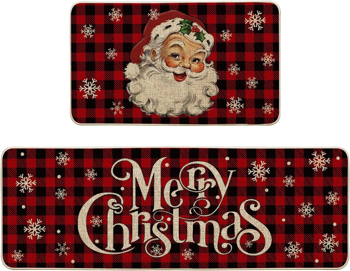 Buffalo Plaid Snow Santa Claus Christmas Kitchen Rugs Set of 2