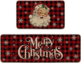 Buffalo Plaid Snow Santa Claus Christmas Kitchen Rugs Set of 2