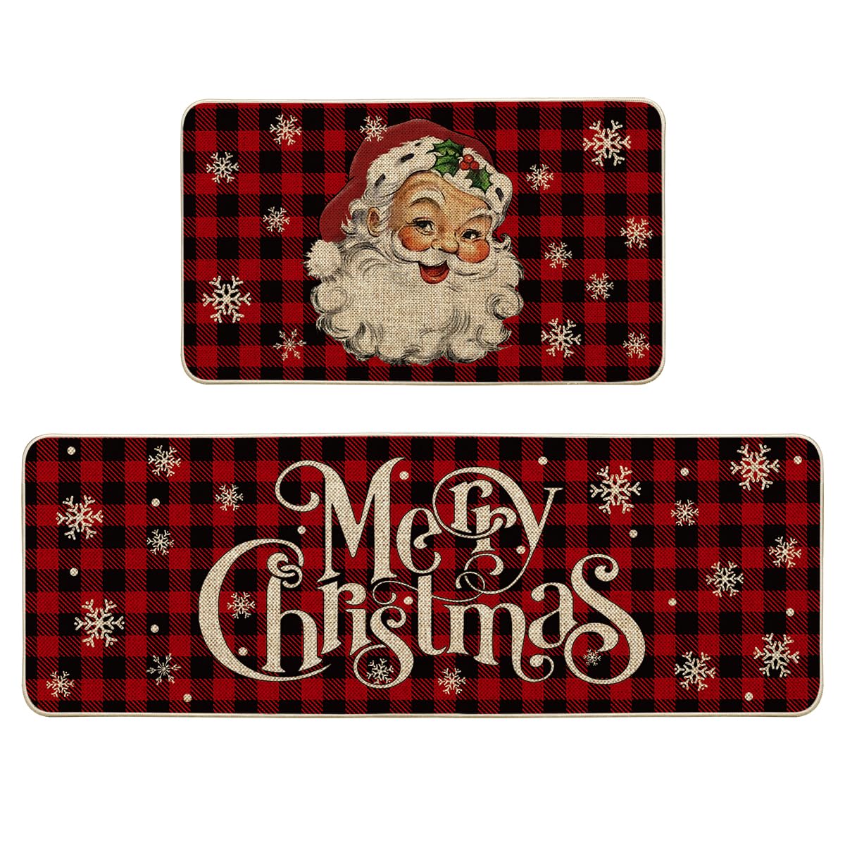 Buffalo Plaid Snow Santa Claus Christmas Kitchen Rugs Set of 2