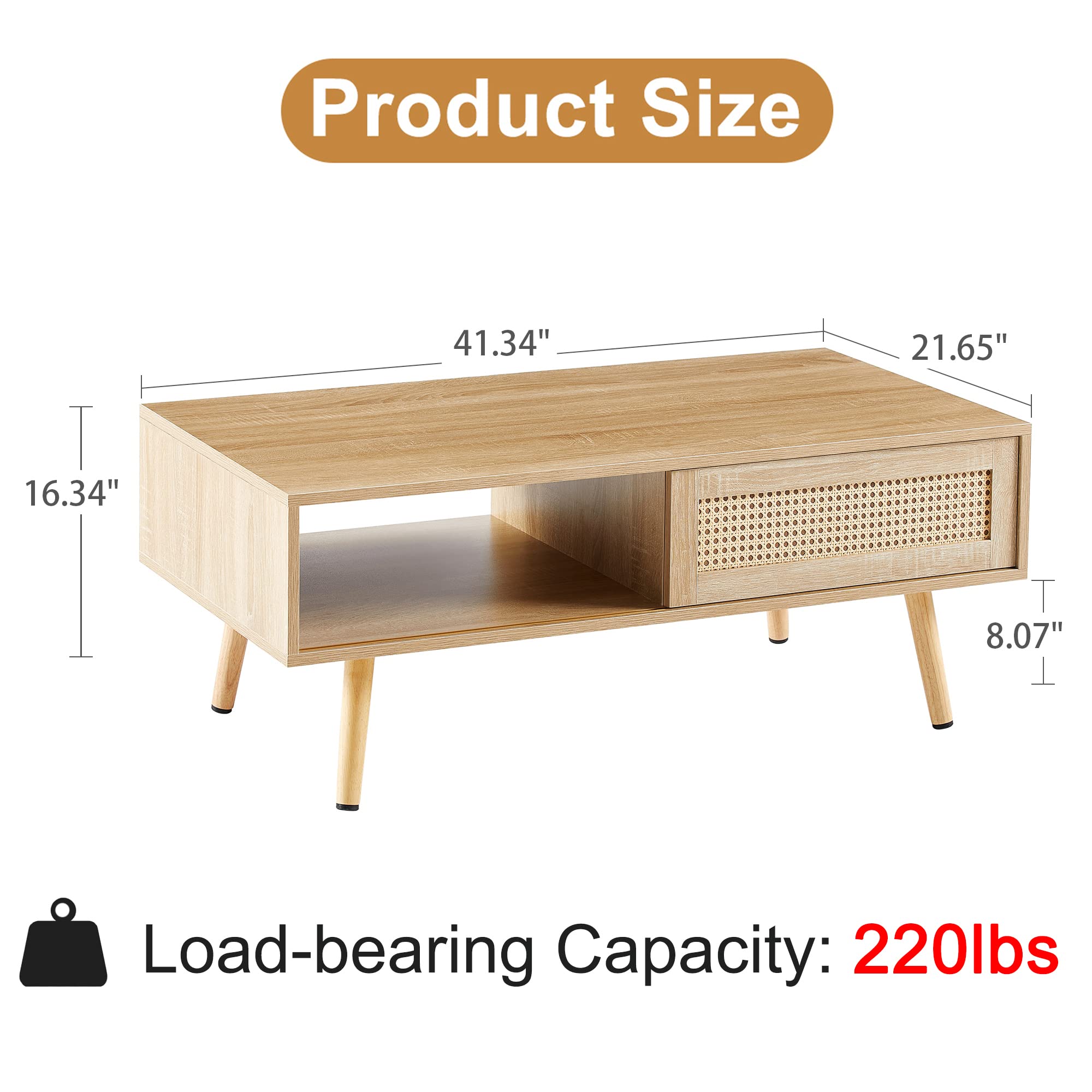 Mid Century Modern Coffee Table with Storage, 41.3 Inch Rectangle Wooden Accent Center Sofa Table with Sliding PE Rattan Woven Door Panel