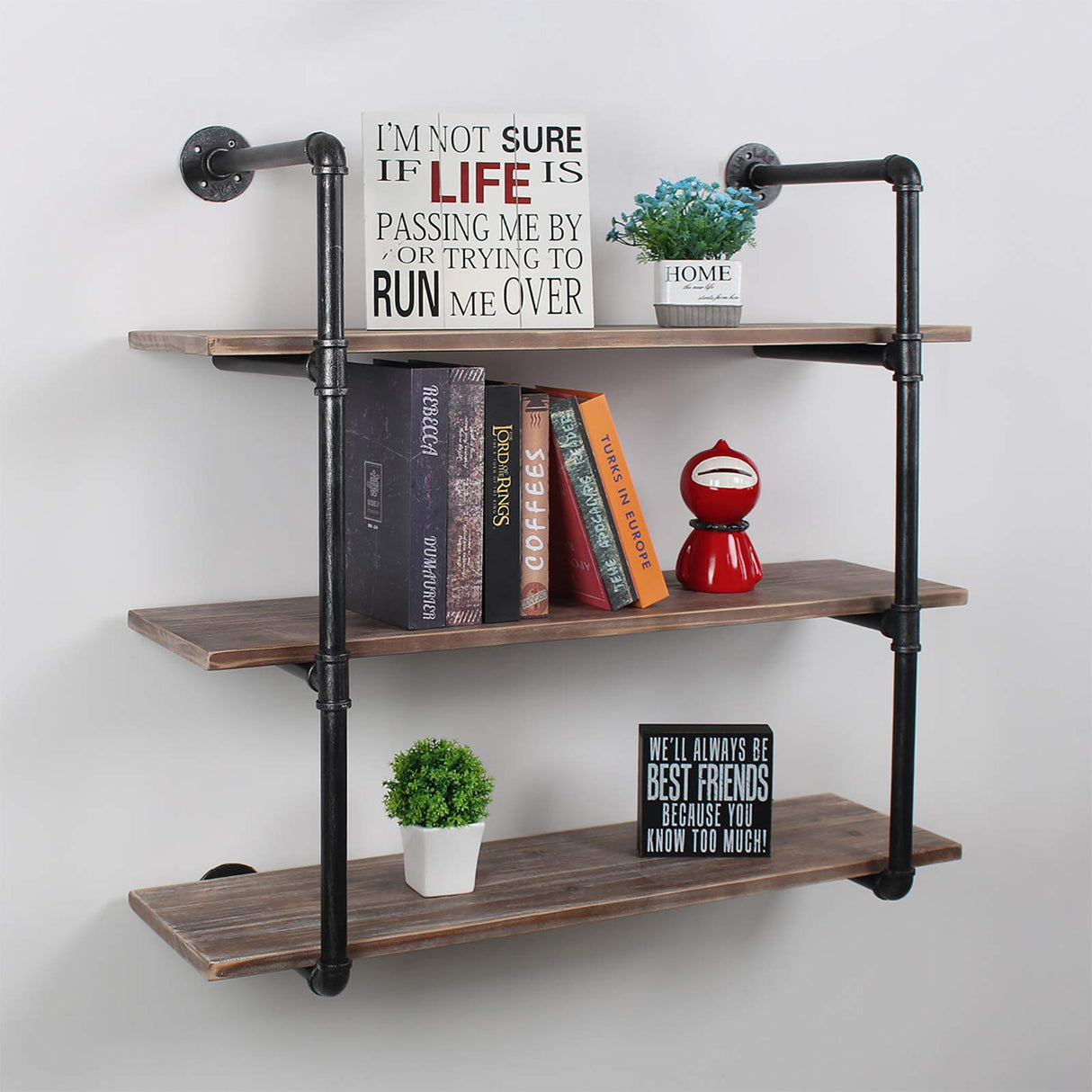 Industrial Floating Shelves Wall Mount,36in Rustic Pipe Wall Shelf,3-Tiers Wall Mount Bookshelf