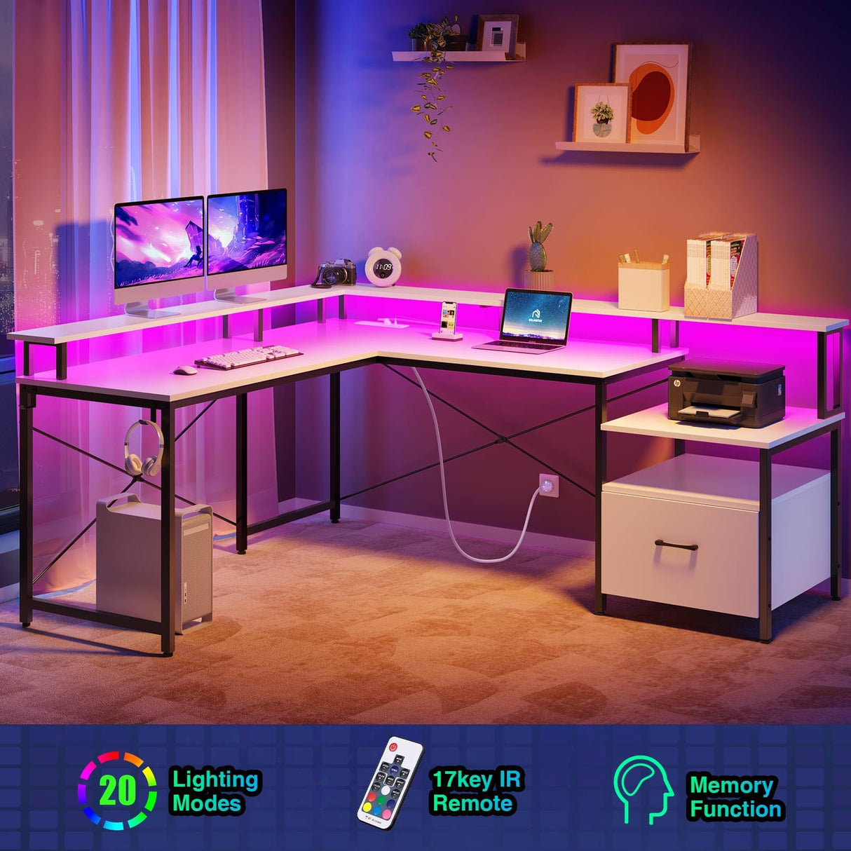 68" L Shaped Desk with Power Outlet & LED Strip