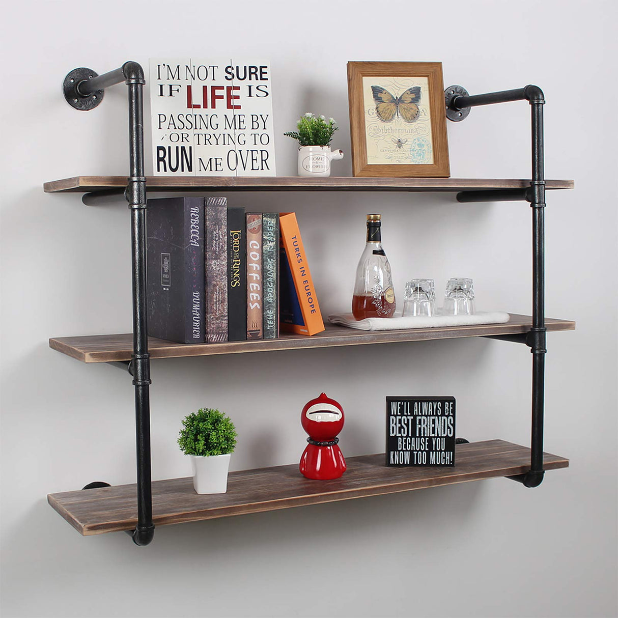 Industrial Pipe Floating Shelves,3 Tiers Wall Mount Bookshelf,48in Rustic Wall Shelves