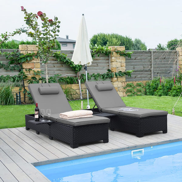 Outdoor Patio Chaise Lounge Chairs for Outside Set of 2 Black Rattan Reclining Chair Pool