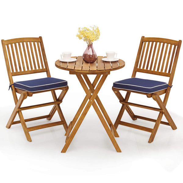 3Pcs Patio Bistro Set, Wood Folding Table Set, 2 Cushioned Chairs