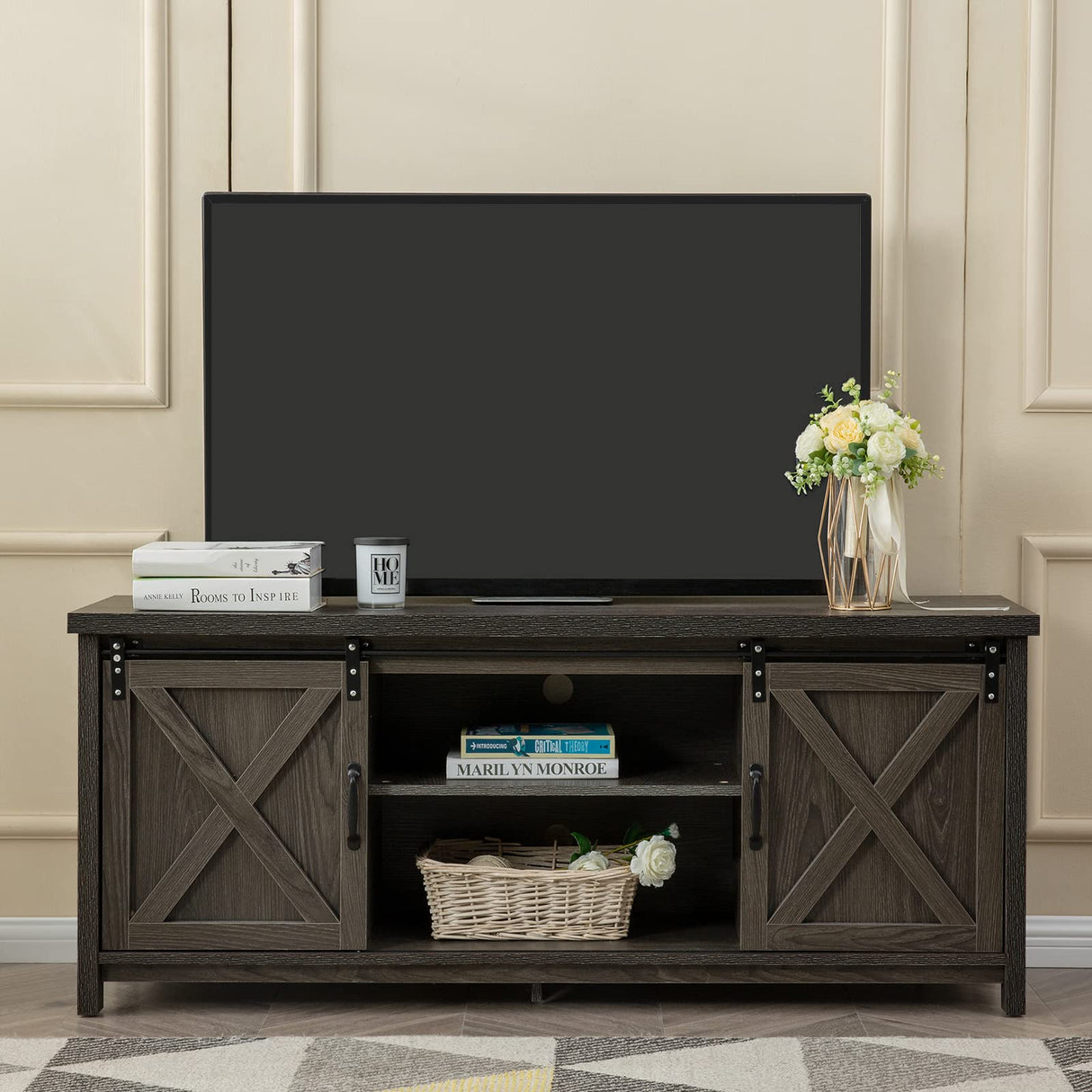 Modern Farmhouse TV Stand with Sliding Barn Doors, Console Table