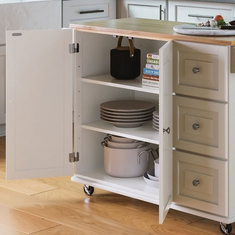 Mobile Kitchen Island Cart with Wood Drop Leaf Breakfast Bar, Off White,Soft White