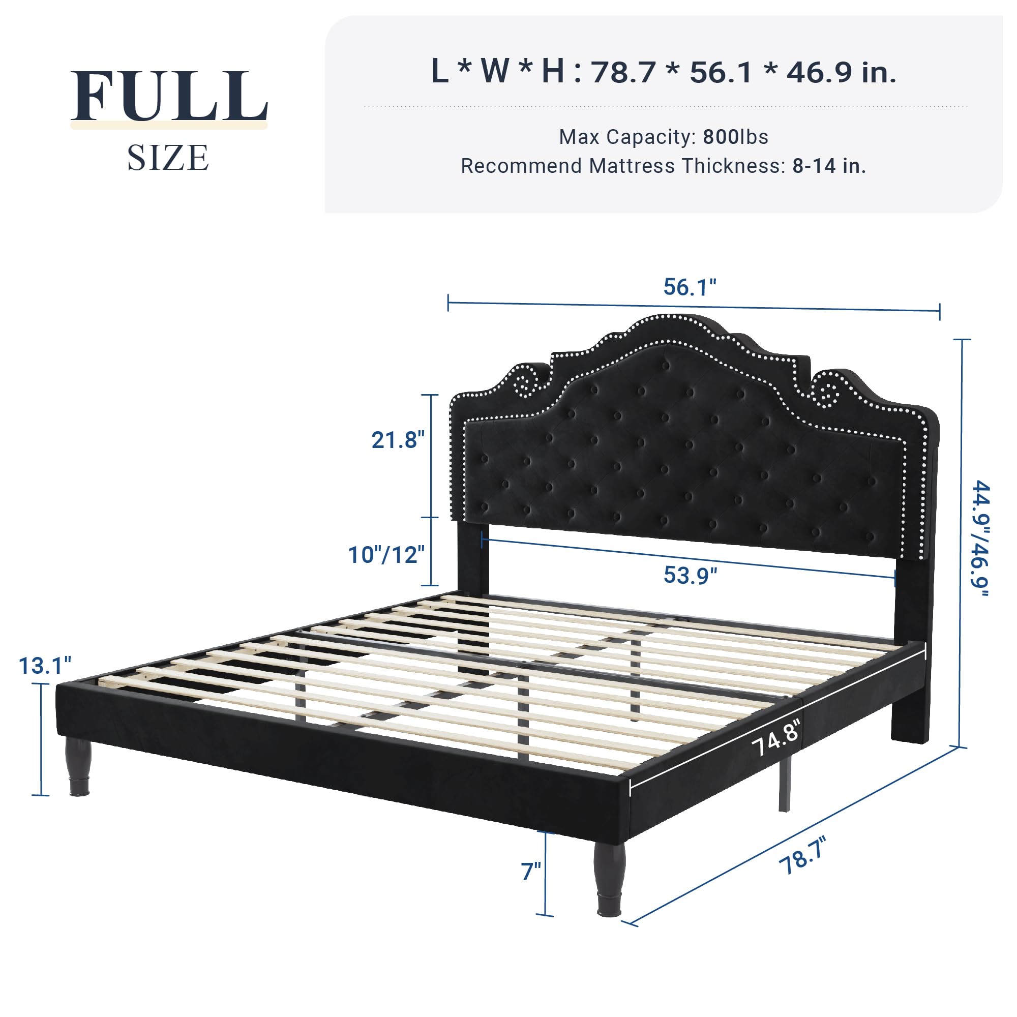 Full Size Bed Frame with Adjustable Velvet Tiara Headboard