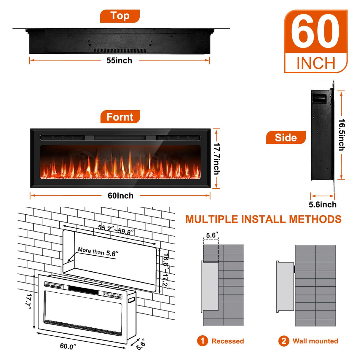 60" Mirrored Electric Fireplace Wall Mounted and Recessed