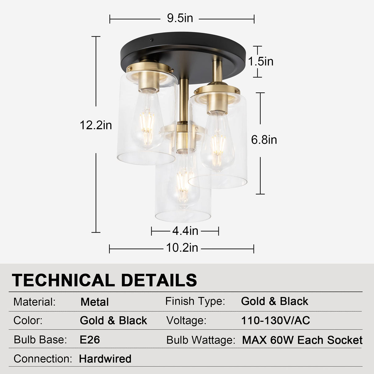 3-Light Clear Glass Shade Ceiling Light Fixture