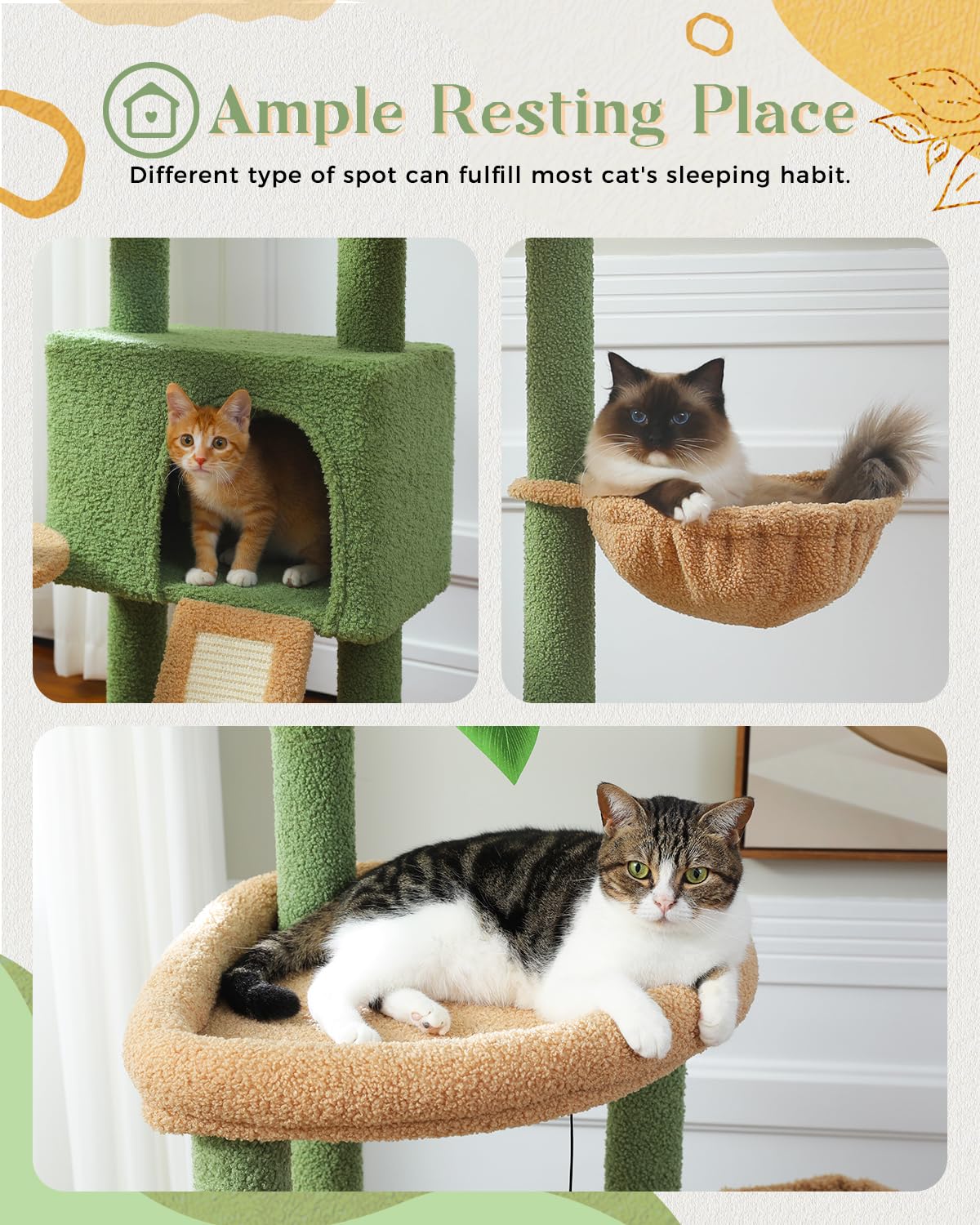 Cactus Cat Tree for Indoor Cats, 53'' Green Cat Tower with Large Cat Condo