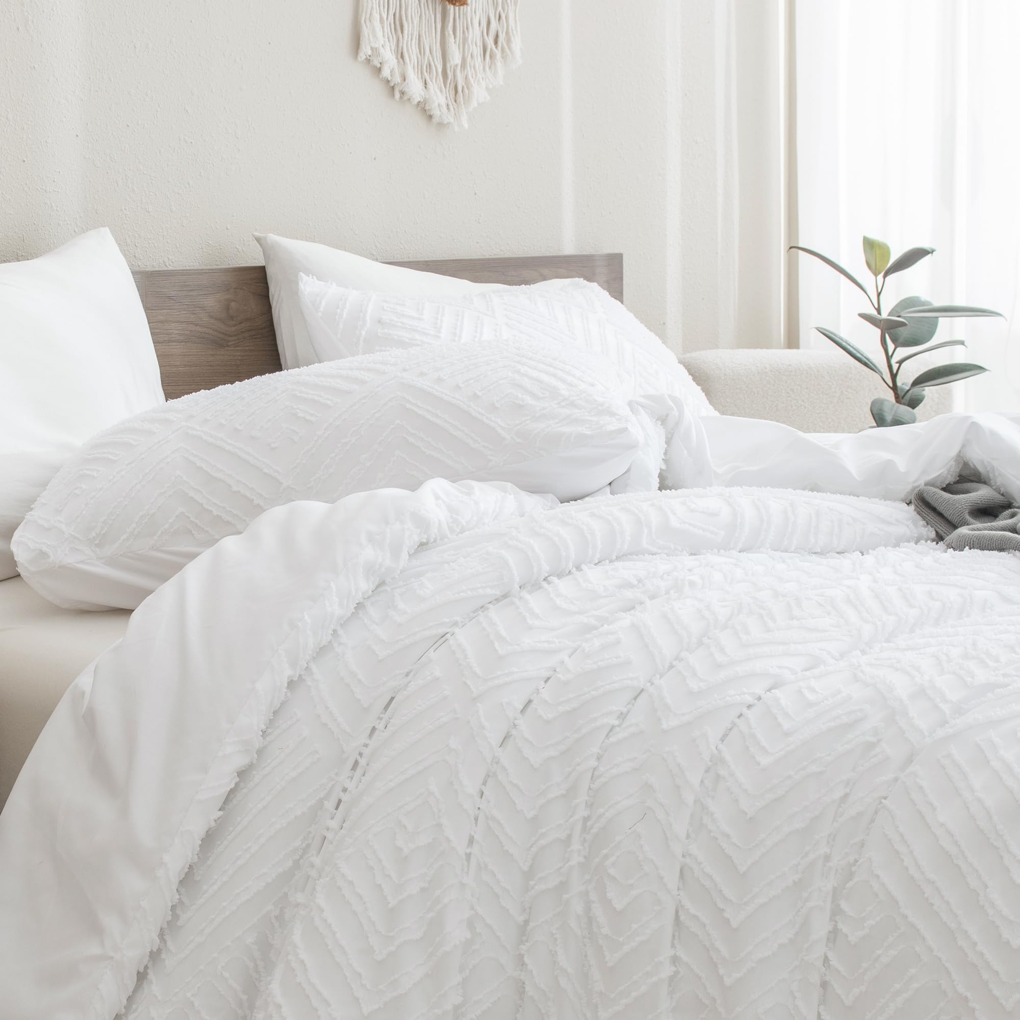 White Boho Queen Comforter Set, Lightweight Fluffy Bedding Comforter Sets for Queen Bed