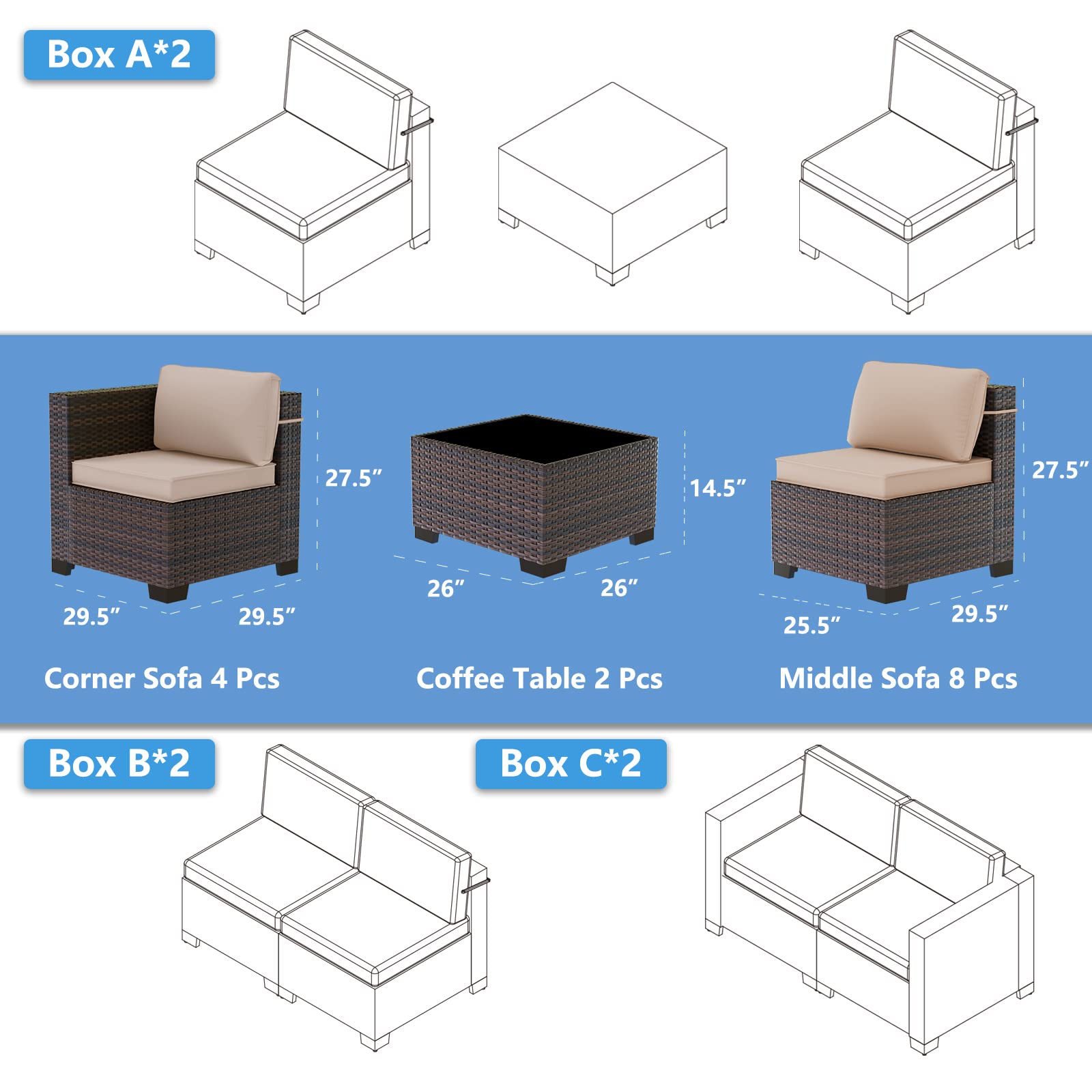 Outdoor Patio Furniture Set, 14 Pieces Sectional Sofa