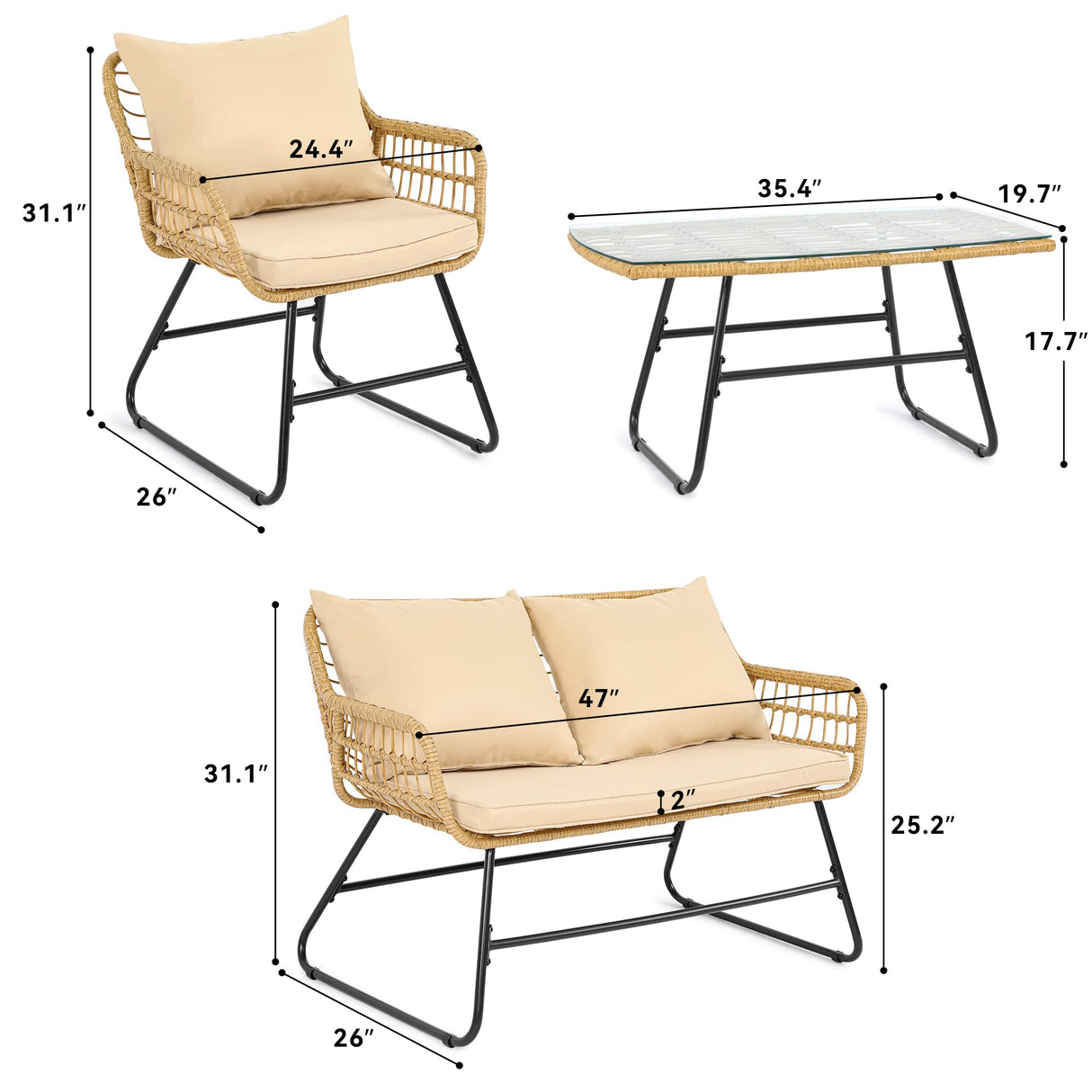 4-Piece Patio Furniture Wicker Outdoor Bistro Set