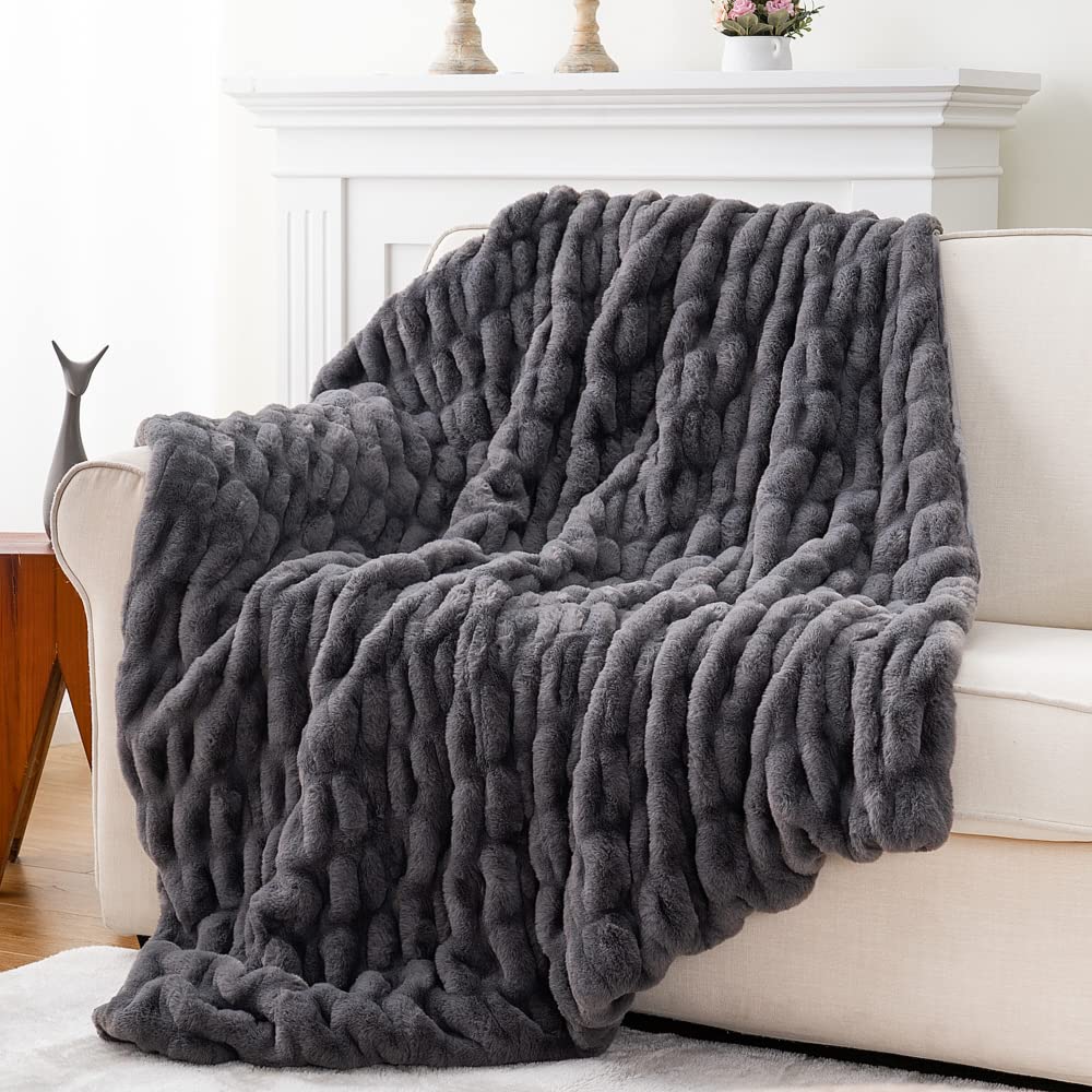 Soft Faux Rabbit Fur Throw Blanket - 50" x 60", Elegant Ruched Design Blanket