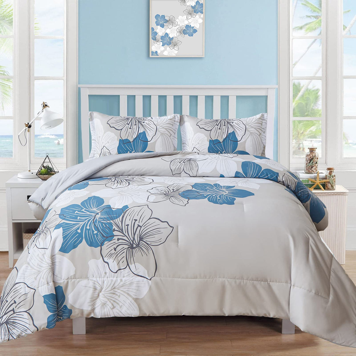 Floral Bed Comforter Set King - Blue Floral Pattern Printed on Grey